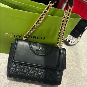 Tory Burch Black Quilted Shoulder Bag with Tassel